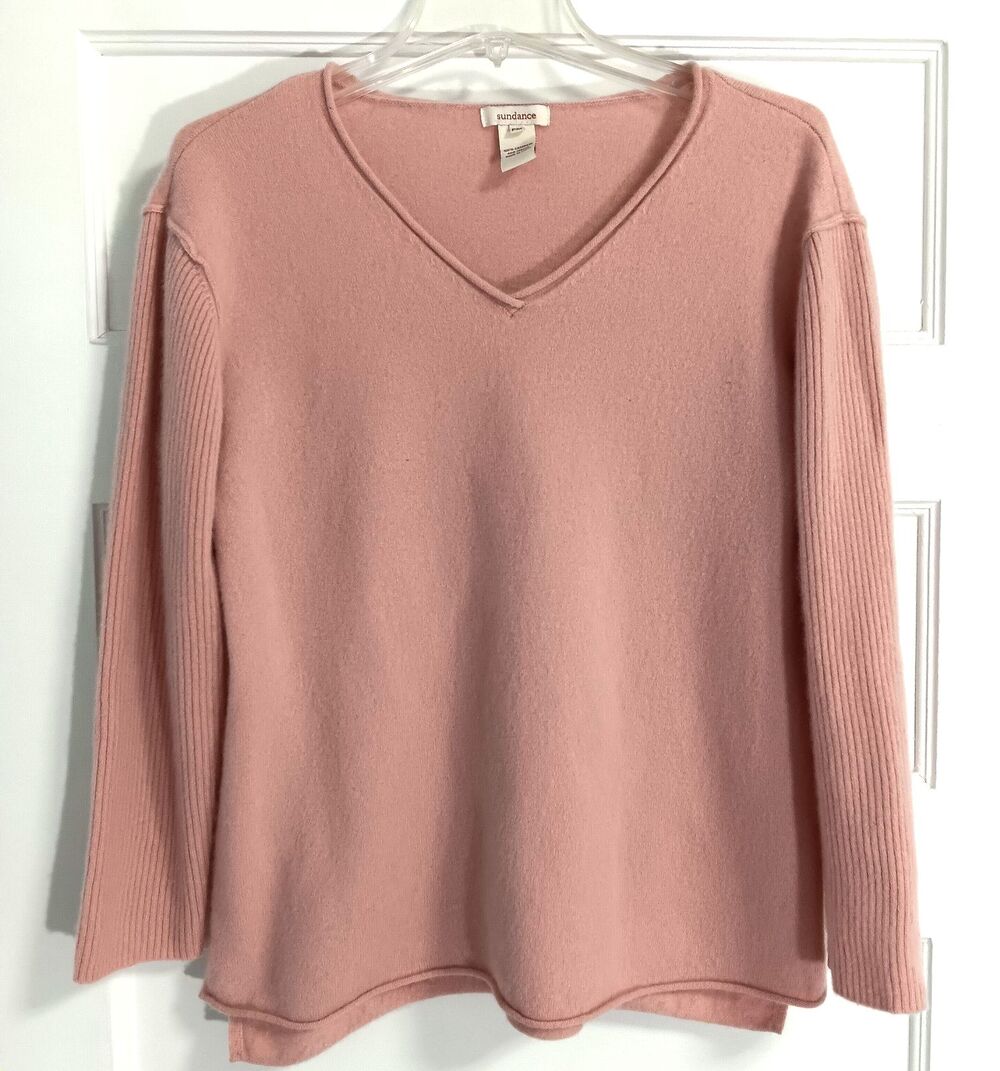 Sundance Cashmere Sweater Wn Petite M Rose V-Neck Rolled Hem Preppy Soft Luxury
